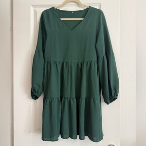 Emerald Green Tiered Babydoll Dress – Long Sleeve